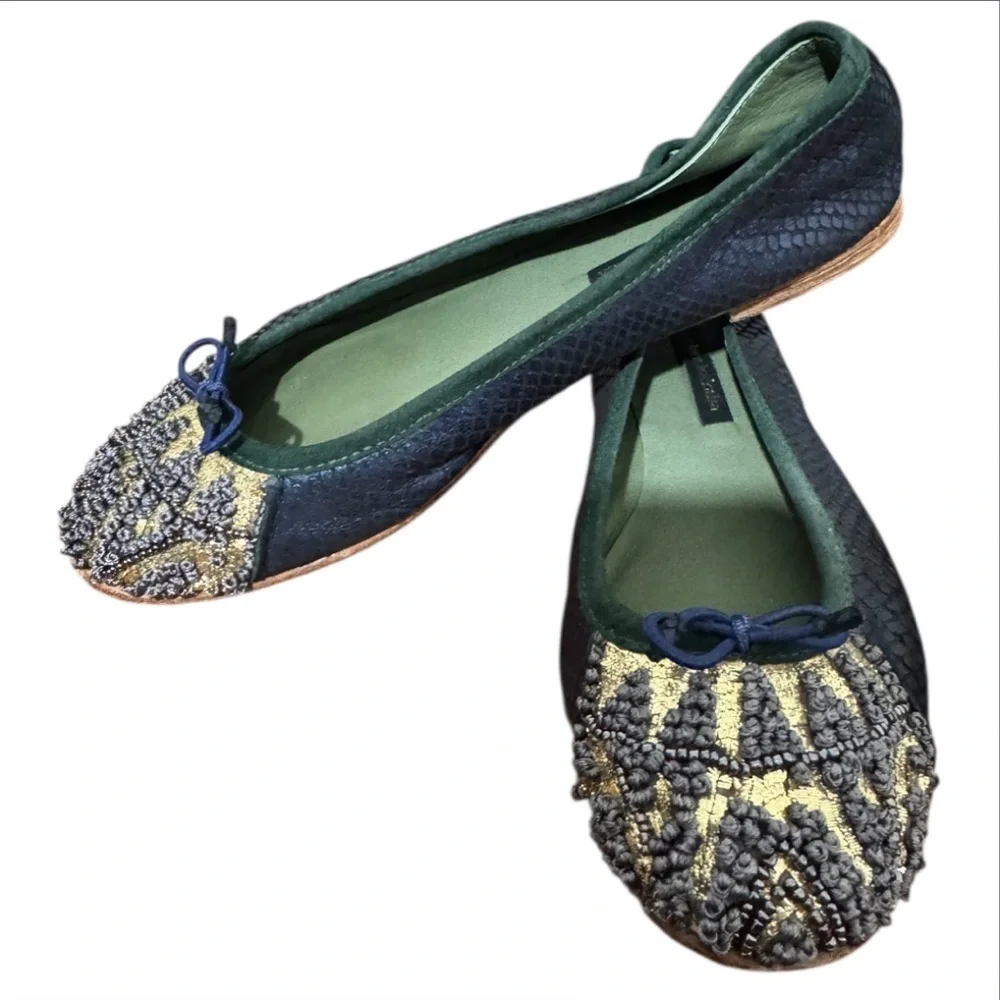 Anthropologie Meher Kakalia Handcrafted Hopi Blue Snake Print Ballet Flat 7.5 US
